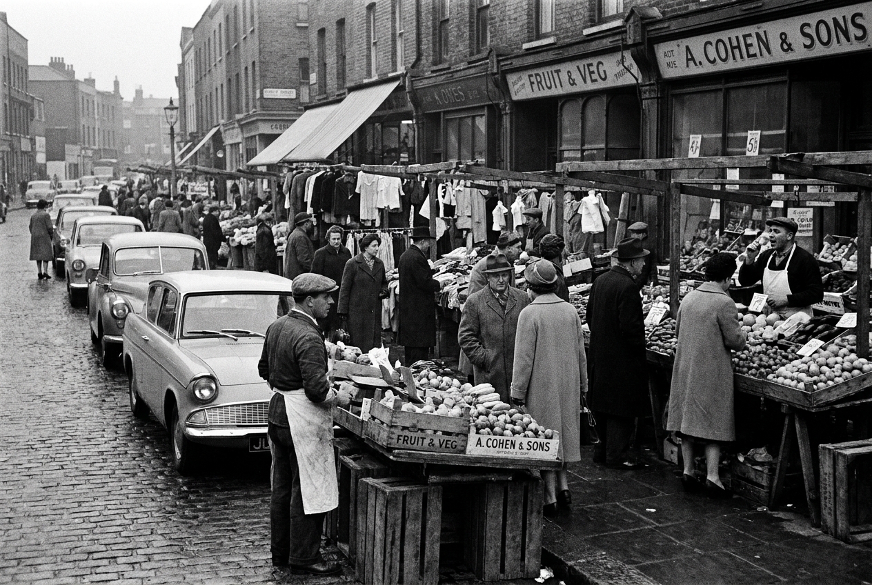 Black and white documentary photography of British fairgrounds and markets