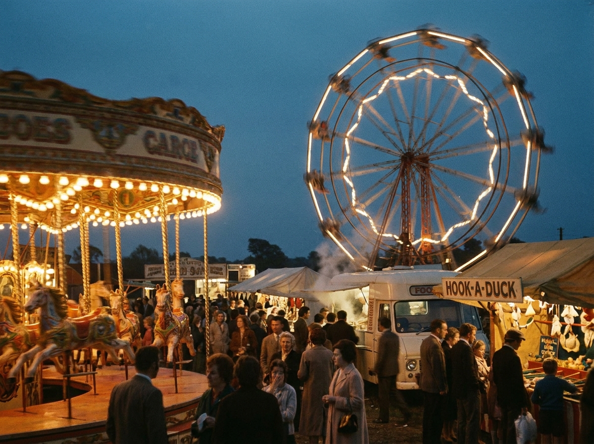 British travelling fairground at dusk, illuminated rides and stalls against a deep blue sky, crowds of visitors enjoying the fair