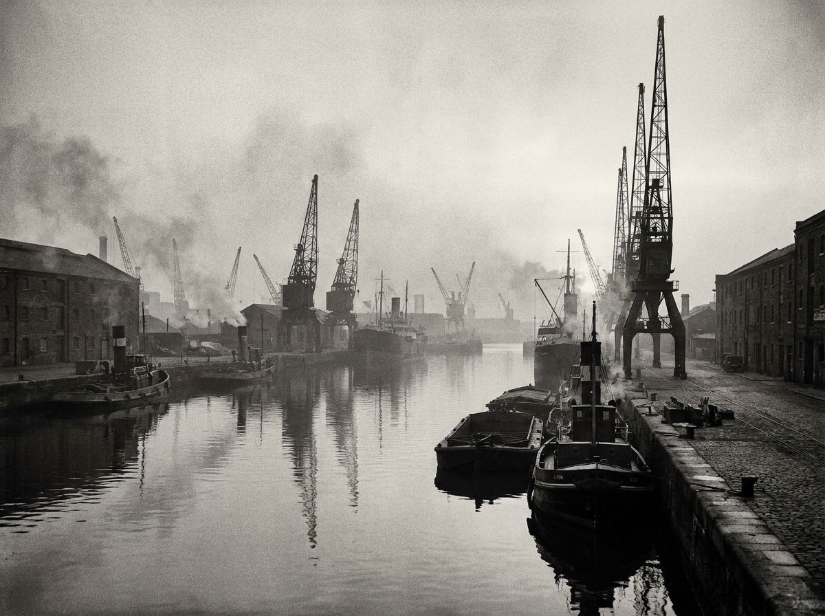 Deserted industrial harbour at dusk in the 1950s, silhouettes of massive cranes over calm water with fog rolling in from the Mersey