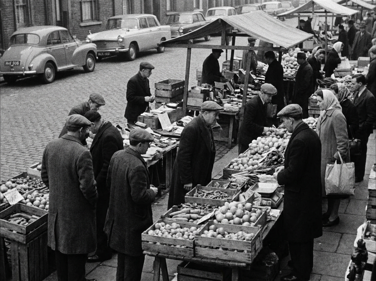 A bustling East End London street market in the mid-1960s, wooden stalls, merchants and classic era motor vehicles in morning overcast light