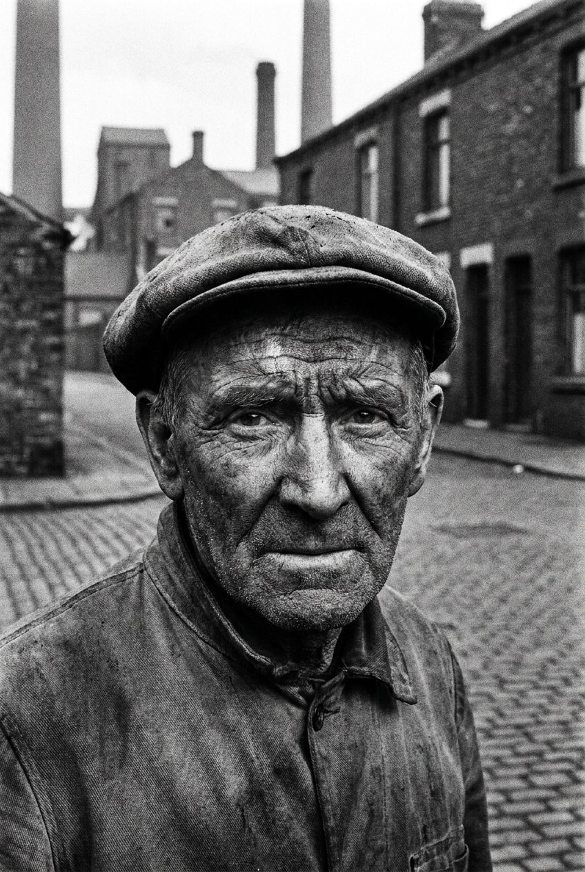 Close-up portrait of an elderly coal miner with soot-covered face, northern England industrial setting, 1970s harsh directional lighting