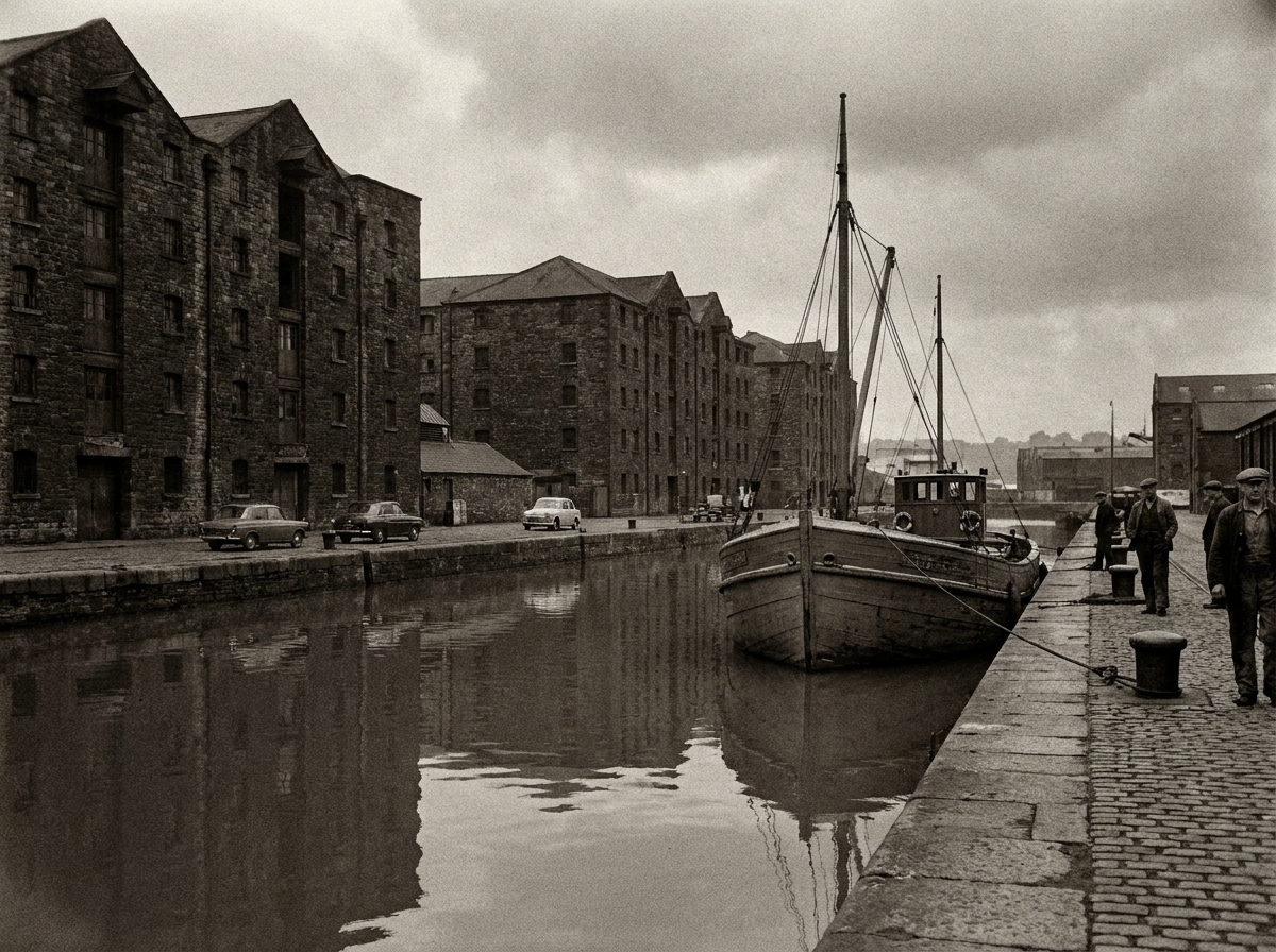 The old salt quay in Bristol docklands, warehouses and moored vessels reflected in still dock water, industrial heritage photography