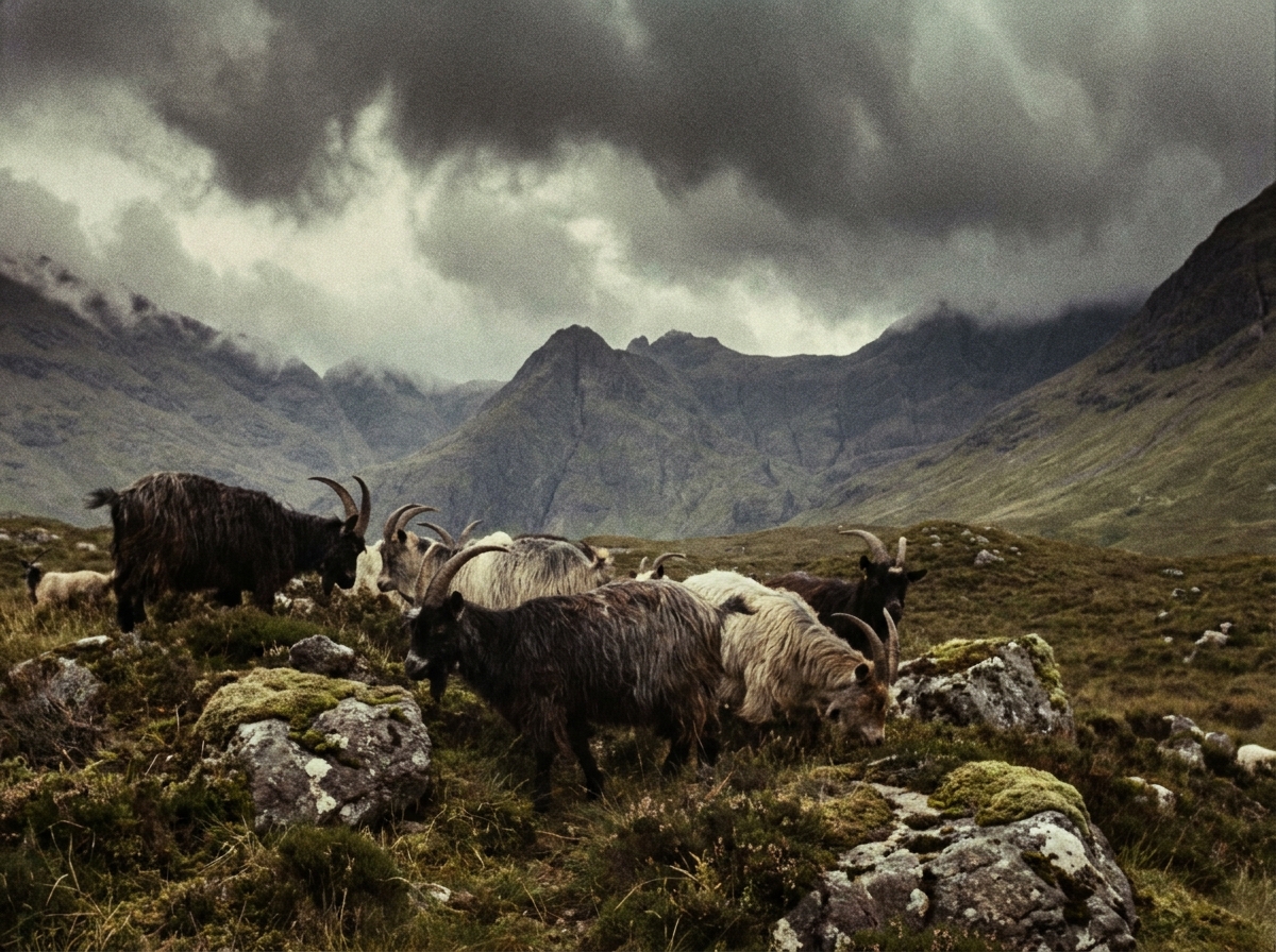 Wild Scottish Highland goats on a rocky hillside, dramatic mountain landscape behind, rural documentary Scotland photography