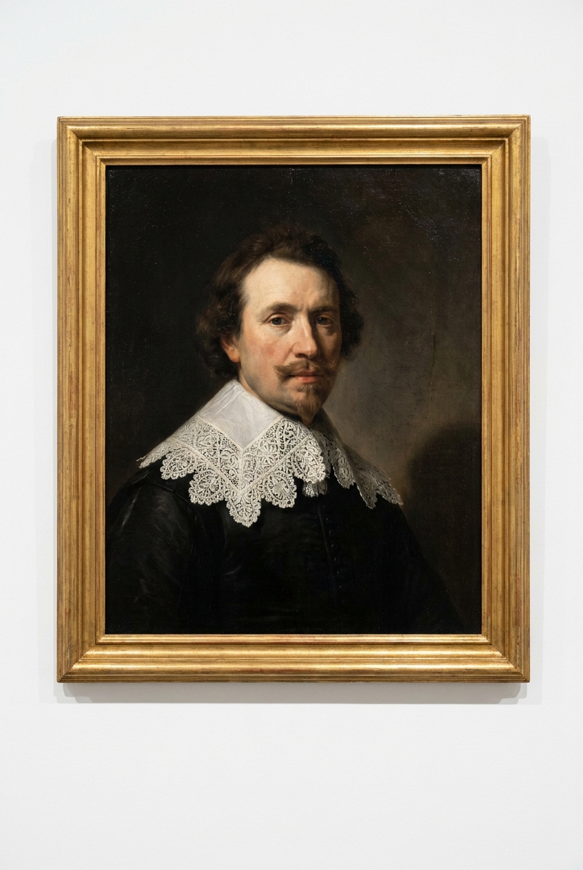 Dutch Golden Age portrait of a nobleman in dark clothing with a white collar, Rembrandt school oil painting reproduction