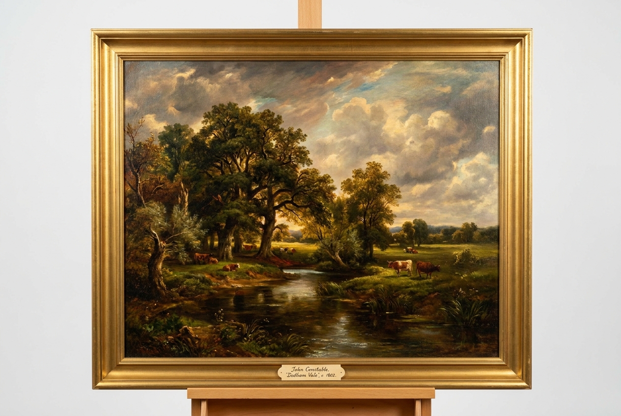 English pastoral landscape in the style of Constable - rolling Suffolk countryside with clouds and cattle by a stream