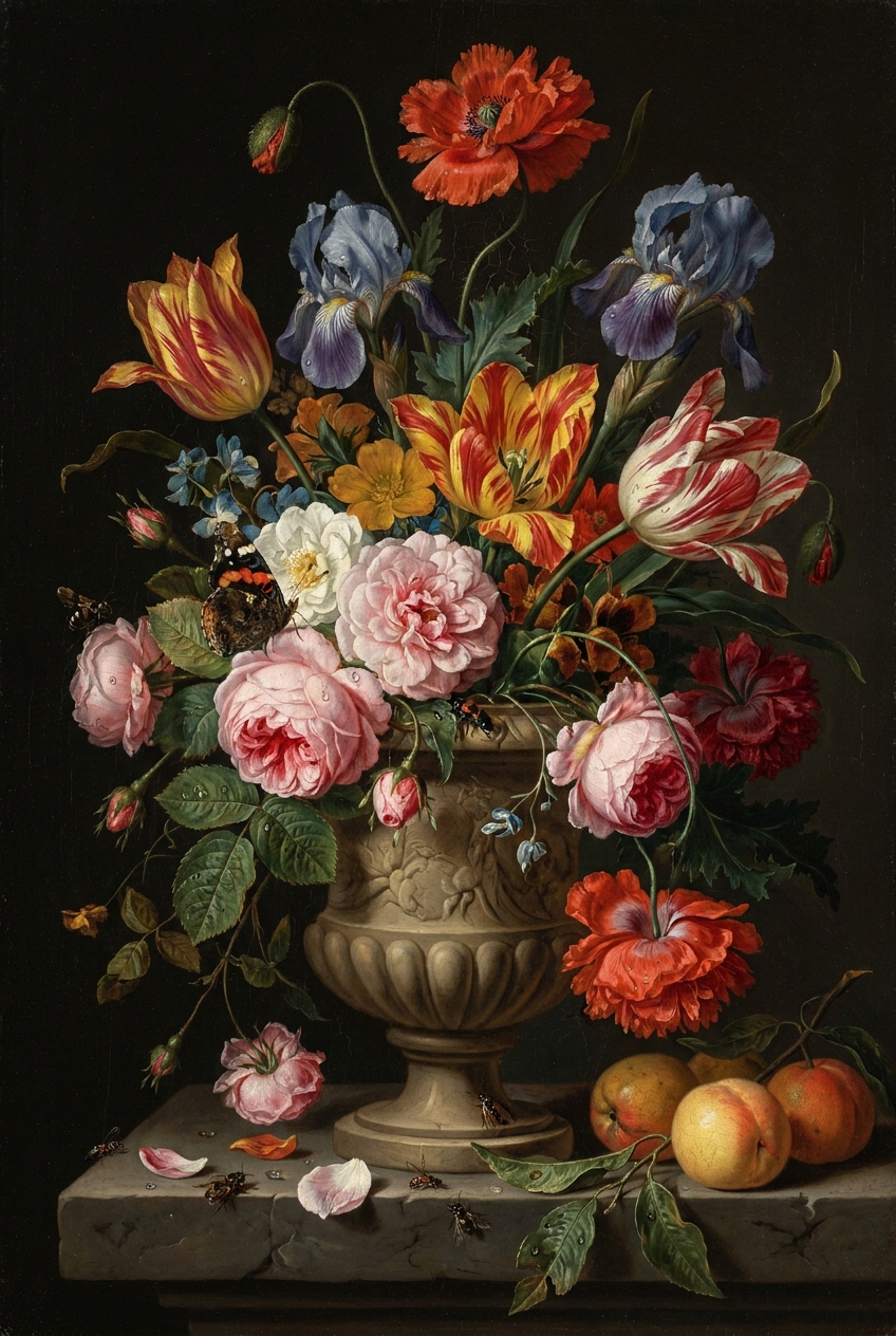 Flemish still life oil painting reproduction - elaborate arrangement of summer flowers in a stone urn with insects and dew drops