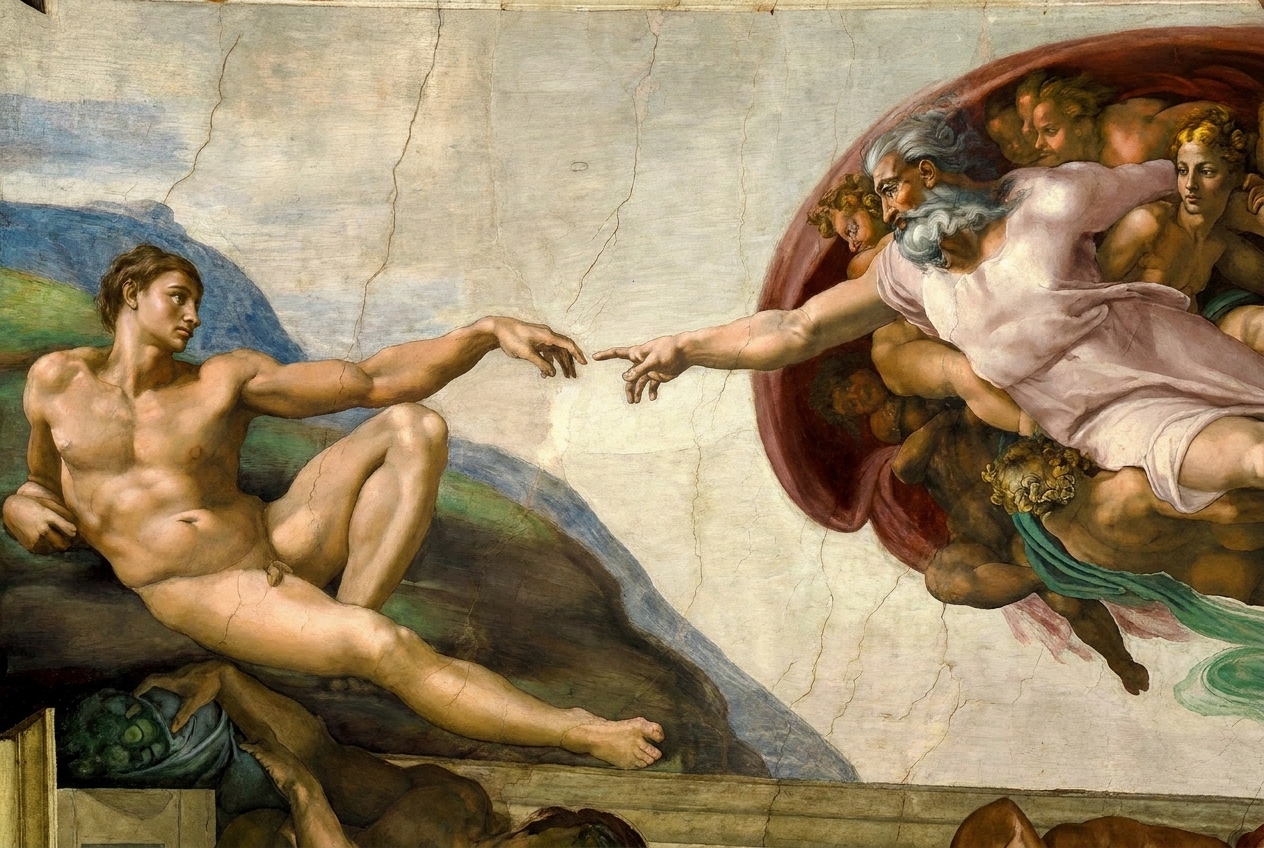 High resolution reproduction of Michelangelo's The Creation of Adam from the Sistine Chapel ceiling, Vatican - God and Adam reaching across the void