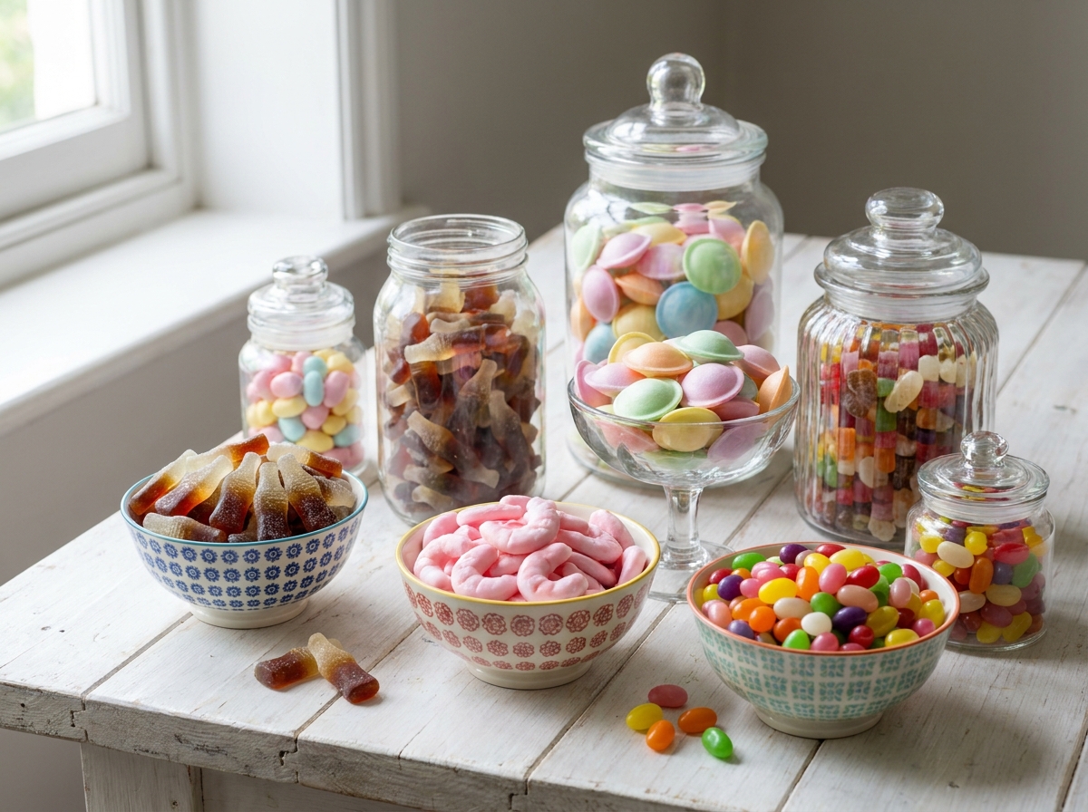 Colourful arrangement of birthday sweets and chocolates in jars and bowls, vibrant confectionery still life