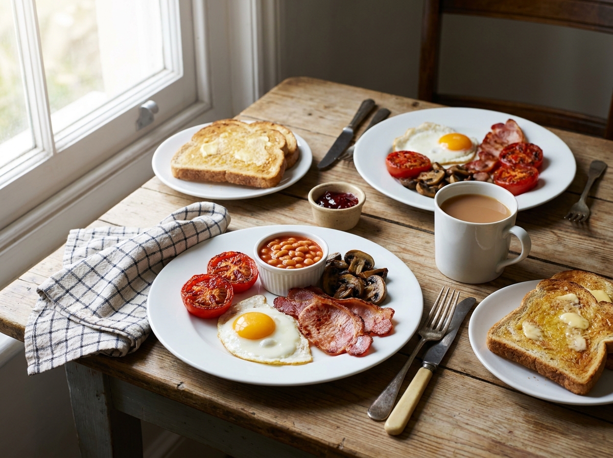 A full English breakfast laid out on a wooden breakfast table - eggs, bacon, toast and mushrooms in natural morning light