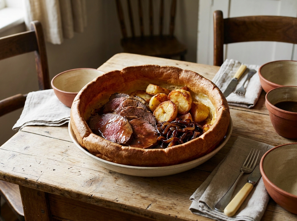 Yorkshire pudding filled with roast beef, gravy and vegetables - a traditional British roast dinner served in a giant pudding