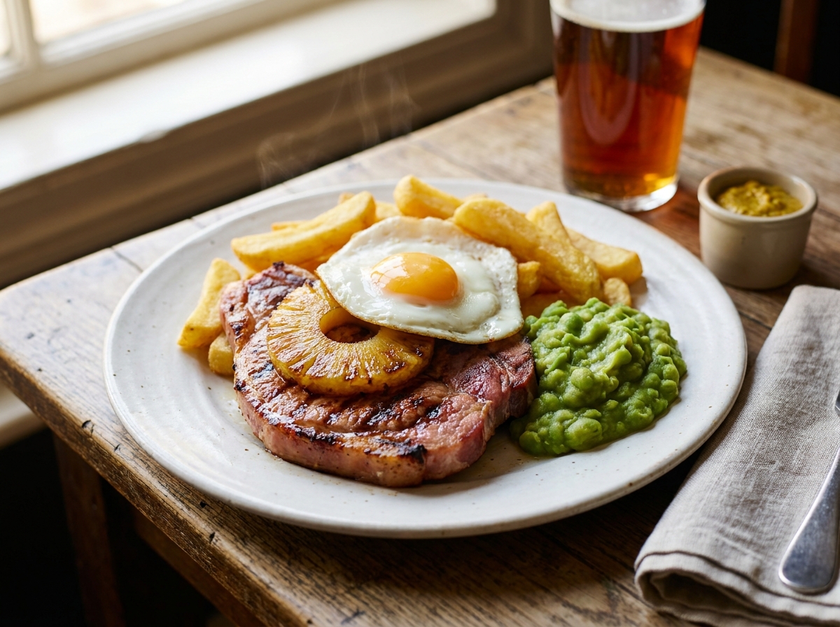 Gammon steak with cut chips and peas on a rustic plate, classic British pub food photography