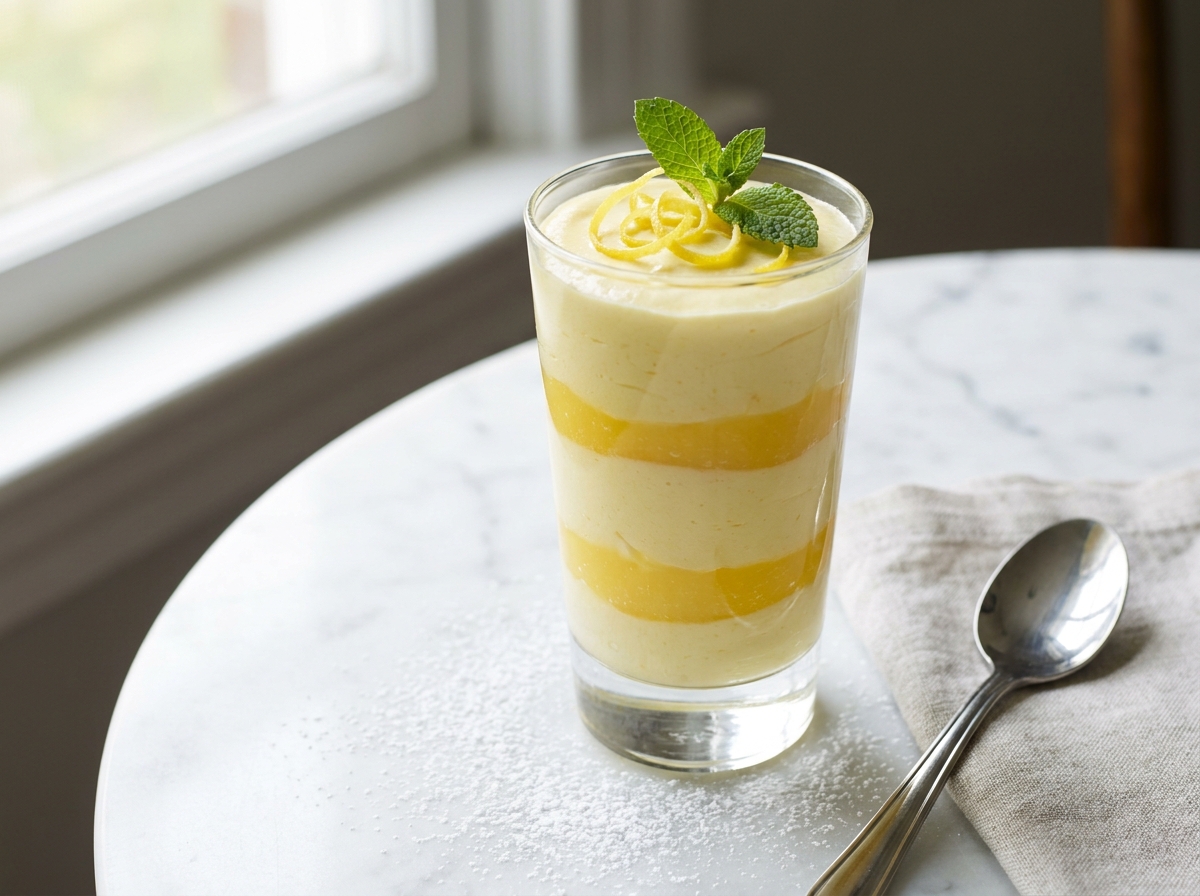 Elegant lemon mousse dessert in a glass, garnished with lemon zest and mint, fine dining plated dessert photography