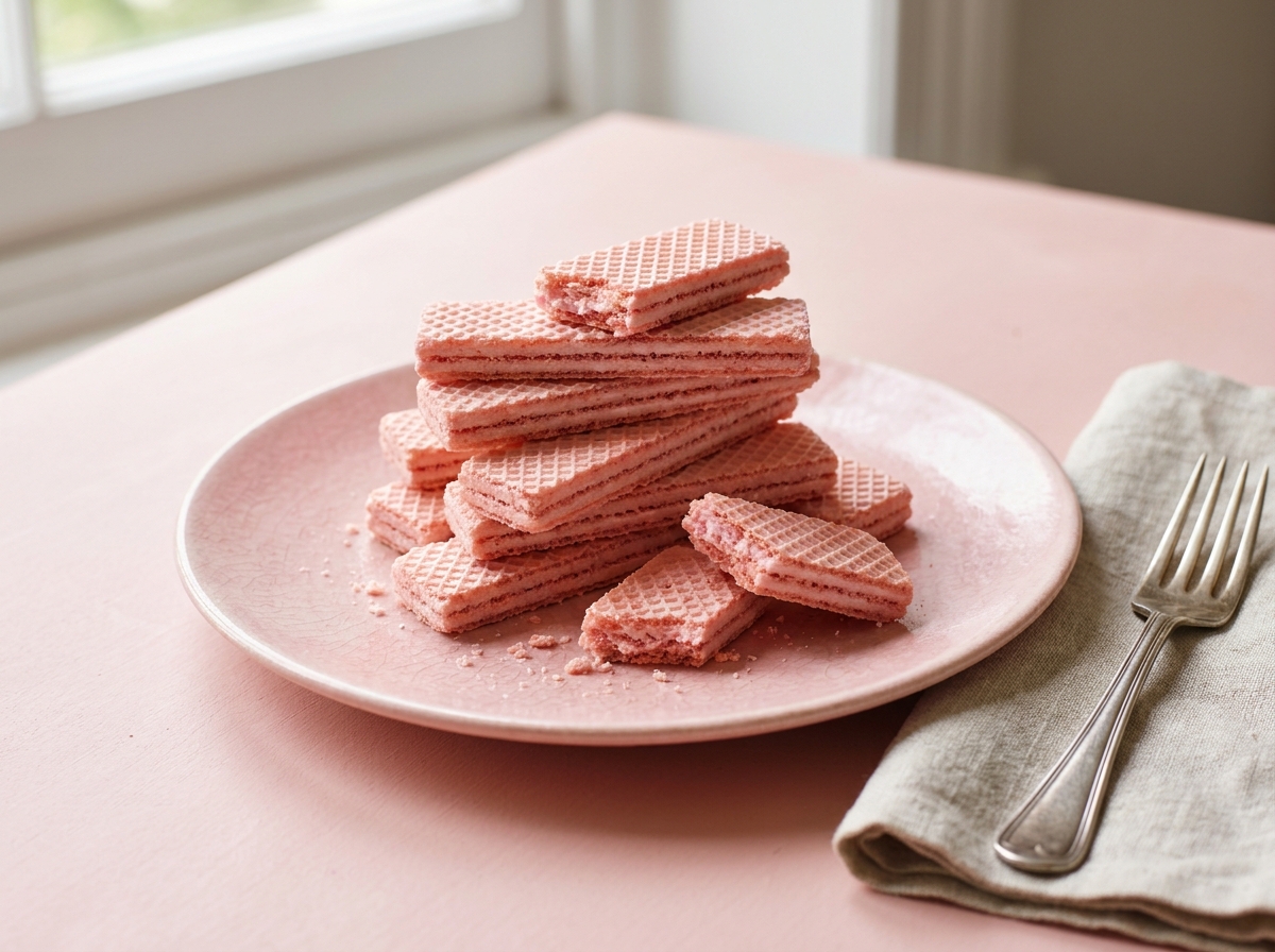 Stack of British pink wafer biscuits against a pastel background, nostalgic confectionery still life photography