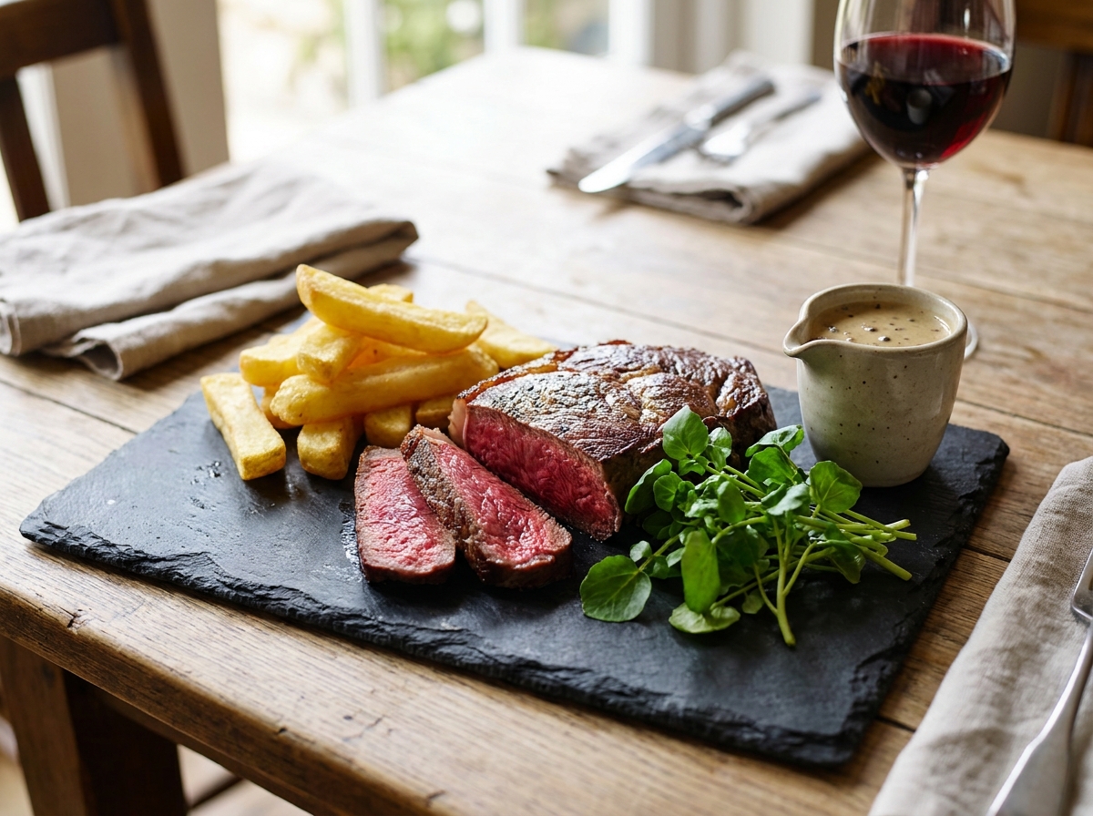 Rare sirloin steak served with hand-cut chips on a dark slate board, restaurant food styling editorial