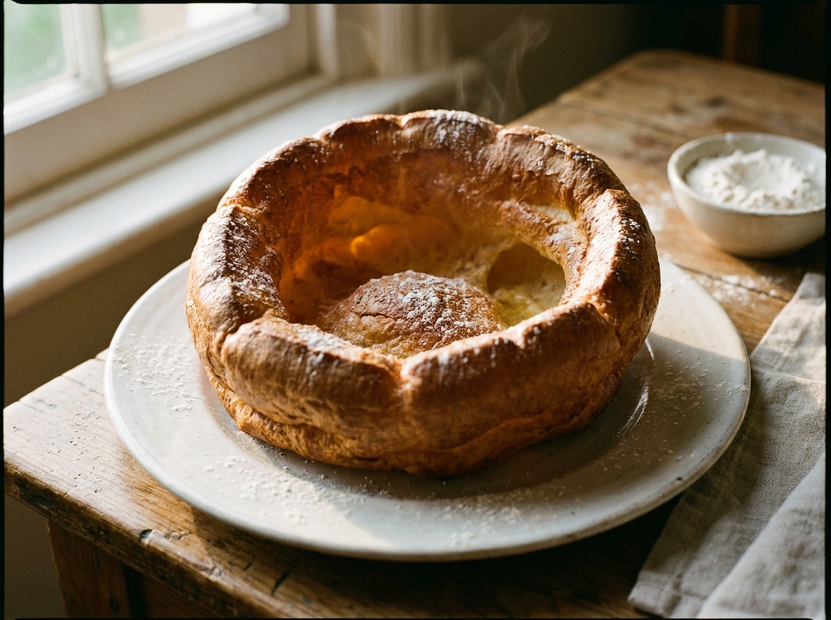 A giant golden Yorkshire pudding on a white plate, crisp exterior with a soft well, traditional British Sunday roast accompaniment