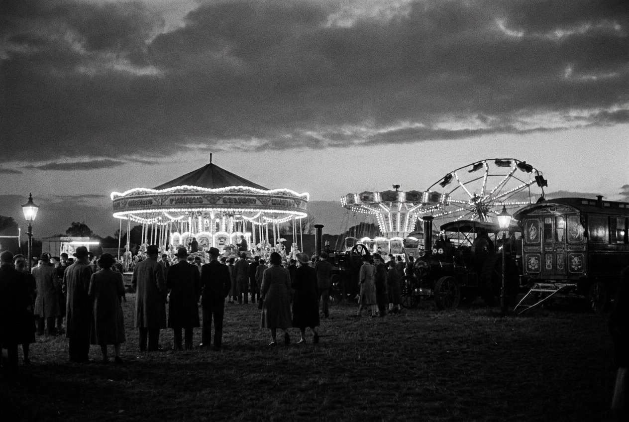 Black and white British documentary photography - a traditional fairground at dusk