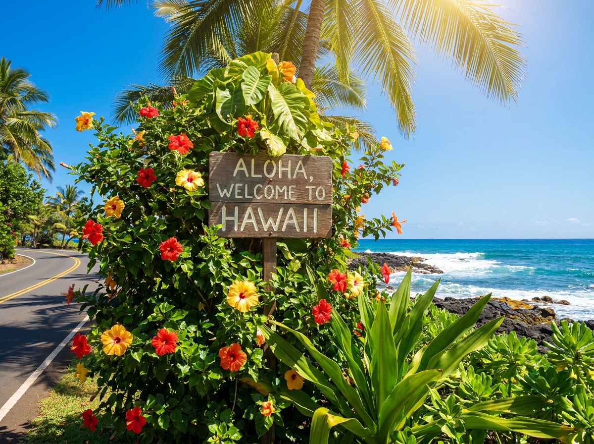 The iconic Hawaii welcome sign surrounded by tropical flowers and foliage, Pacific Islands travel photography