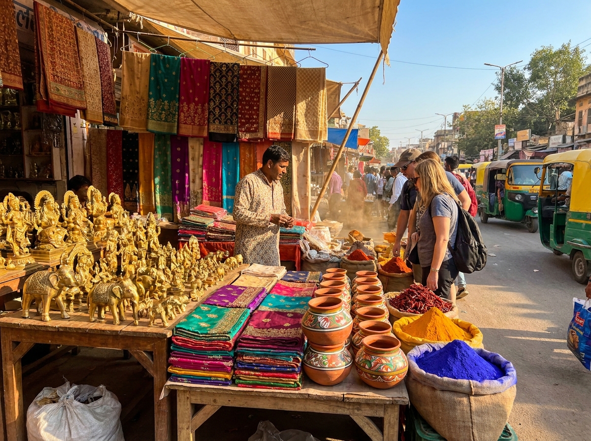 Colourful Indian souvenirs at a market stall - brass figurines, scarves, pottery and spices in warm light