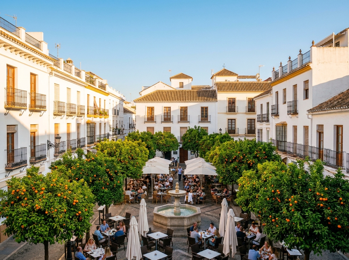 The famous Orange Square in Marbella old town, Spain - terracotta buildings, orange trees and a central fountain in afternoon light