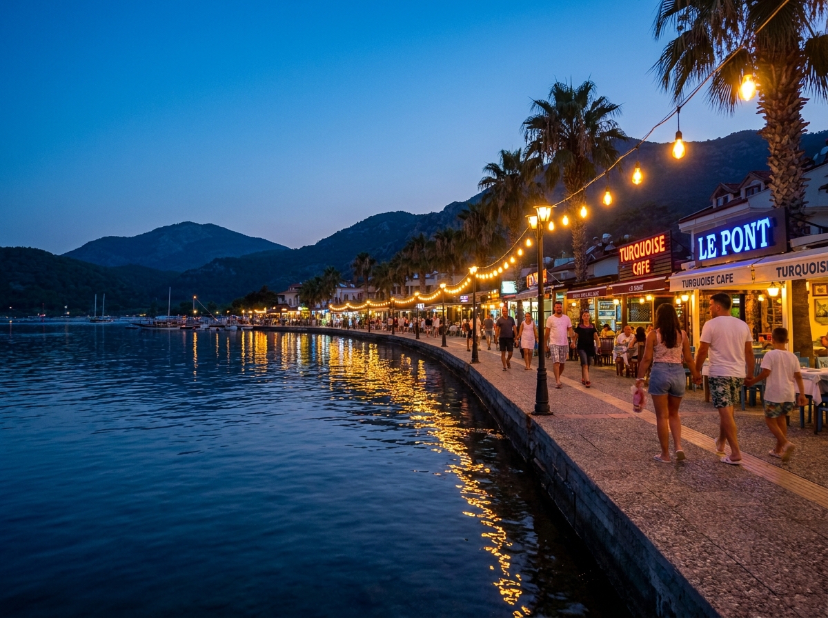 Oludeniz nightlife on the Turkish Riviera - bright restaurant signs, seafront promenade lit up after sunset