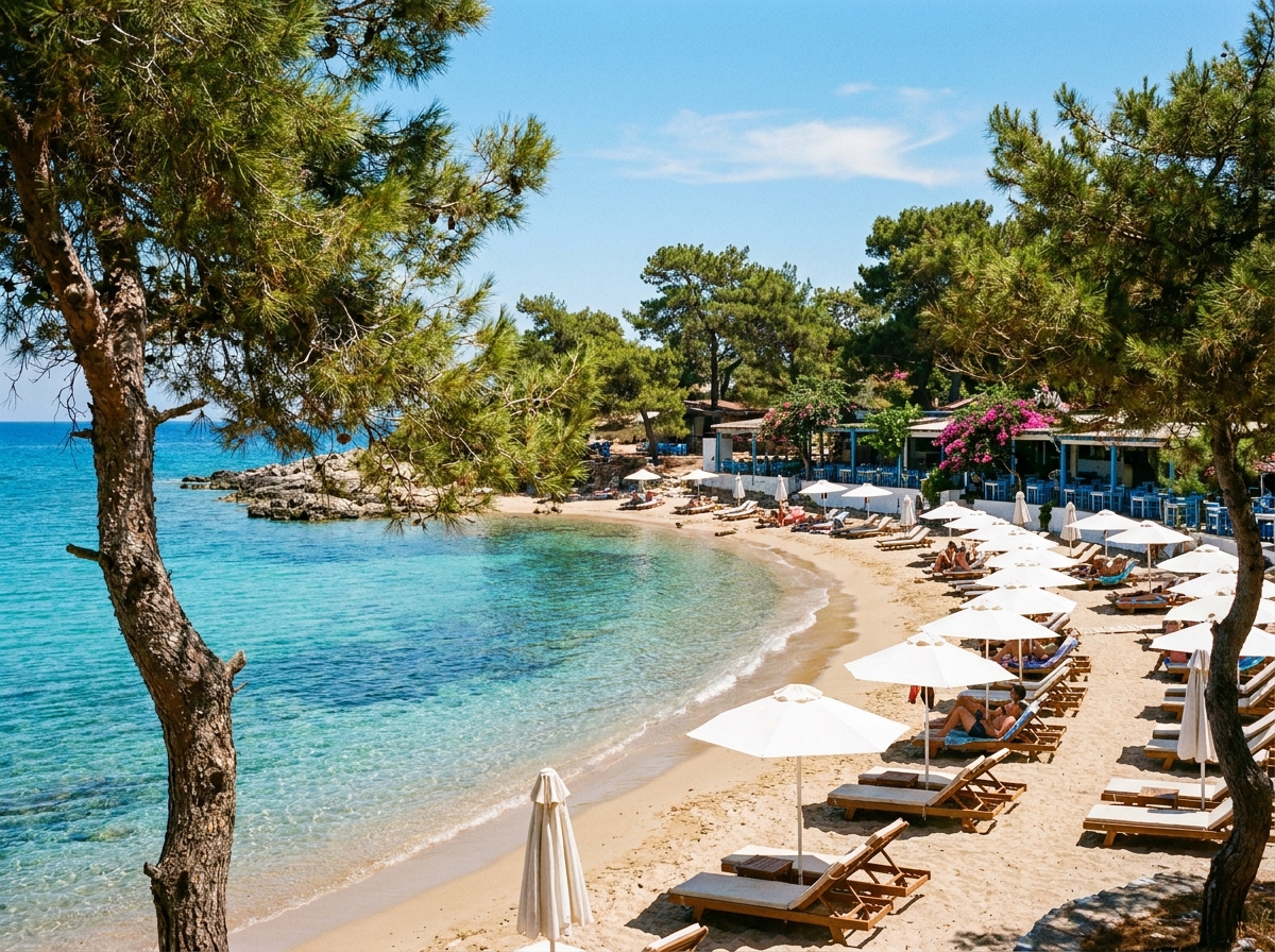 Pefkos beach in Rhodes, Greece - clear turquoise water, white umbrellas and sun-loungers on golden sand