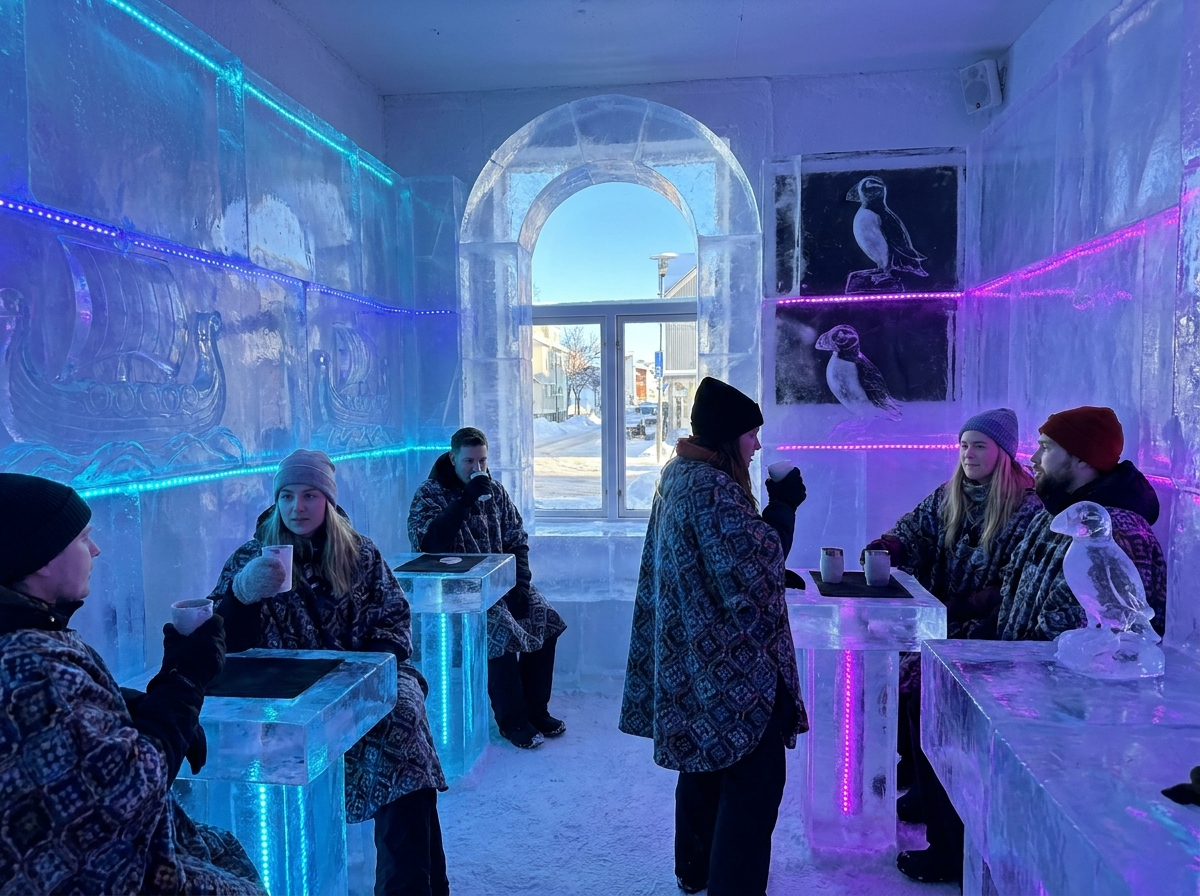 Interior of a Reykjavik ice bar in Iceland - illuminated ice sculptures, frozen walls and neon blue ambient lighting